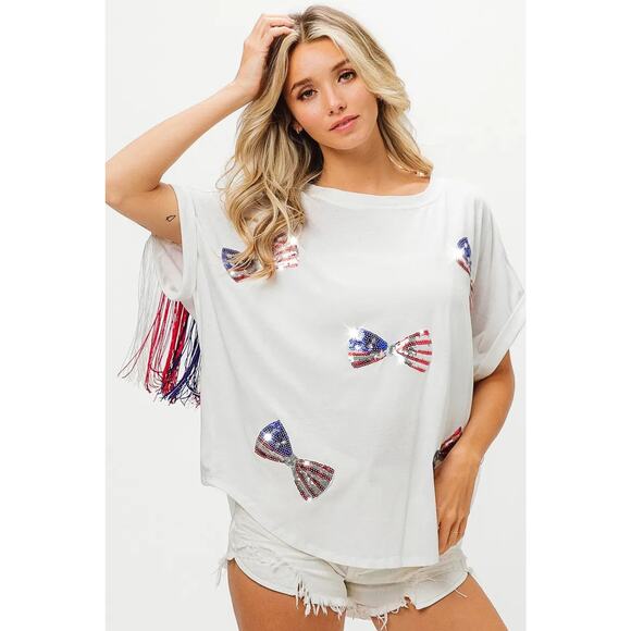 BiBi 4th Of July American Flag Theme Sequin Ribbon Patches Back Fringe T-Shirt - Picture 3 of 13